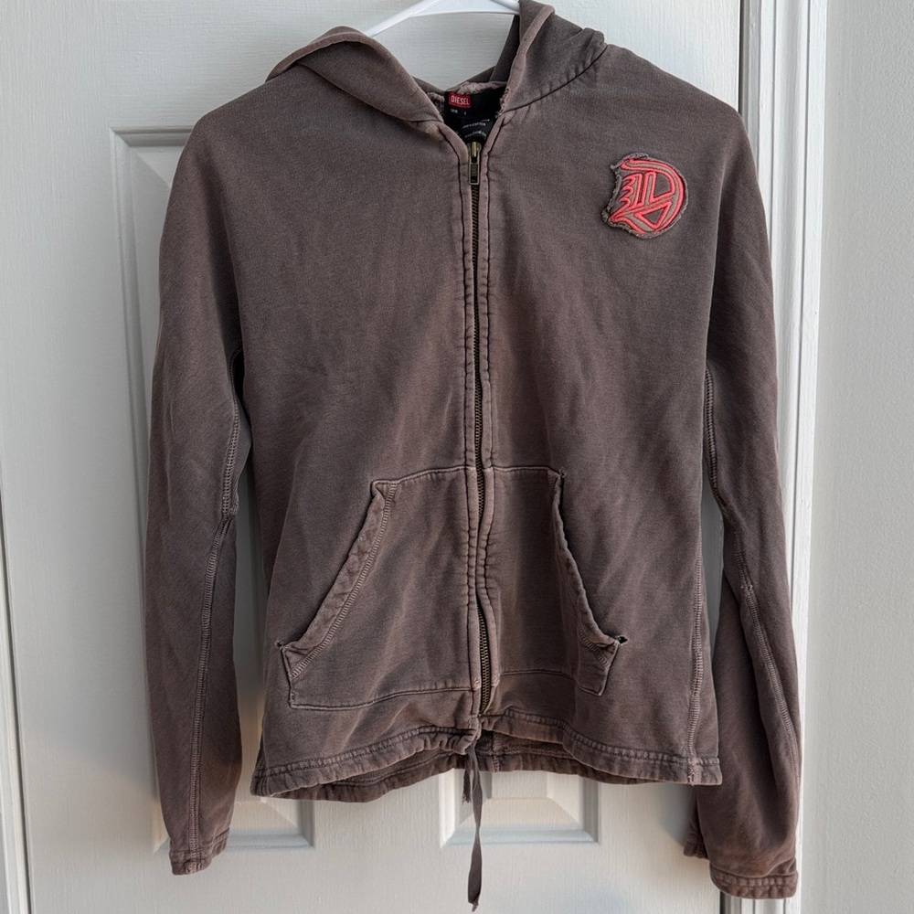 Diesel Y2K Vintage Mineral Gray Zip Hoodie with Old English D